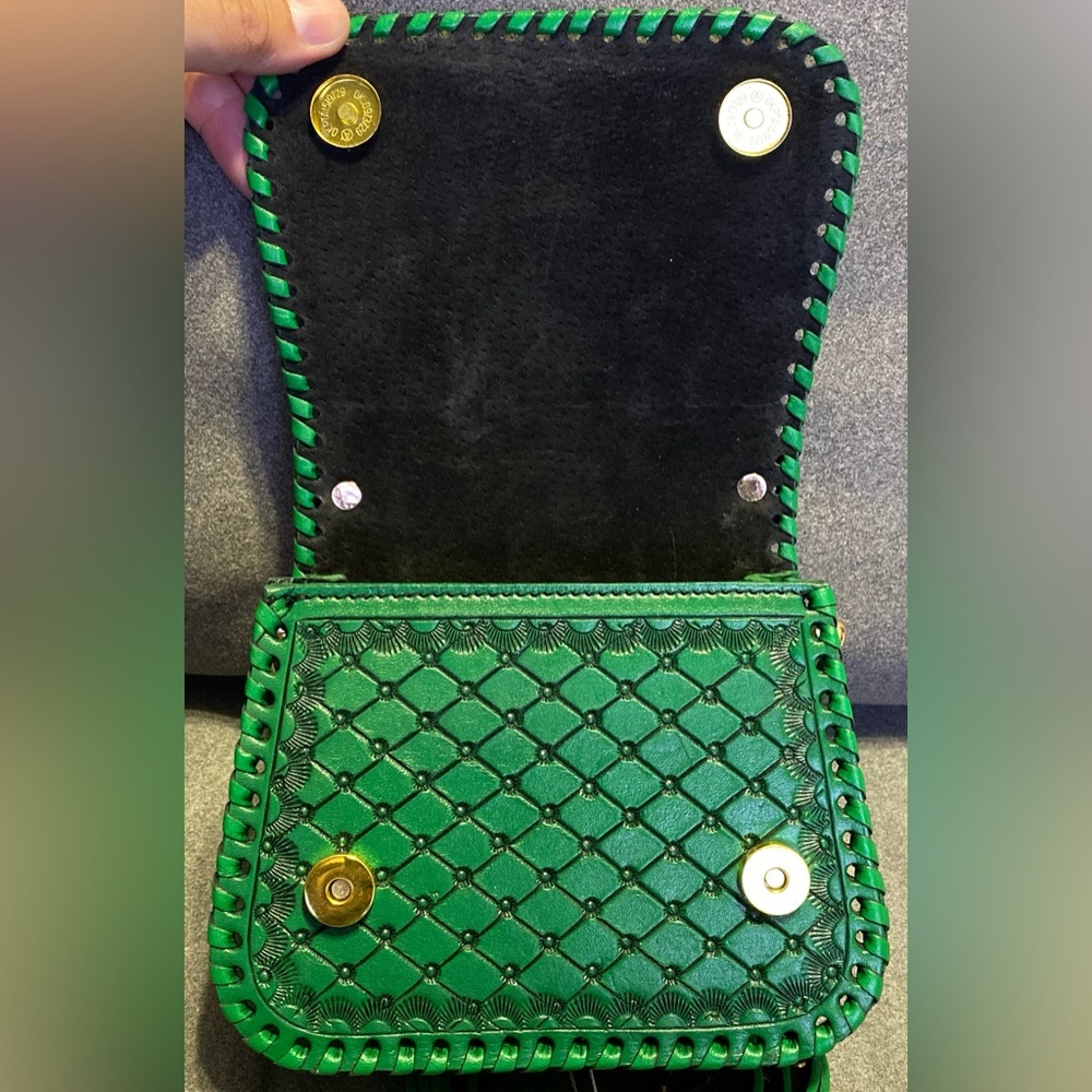 handmade genuine leather Luxury Shoulder Straps Tooled Handbag Green Purse - Picture 8 of 13